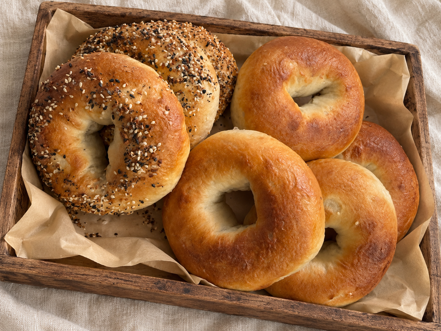 Our homemade sourdough bagels, photographed in our kitchen
